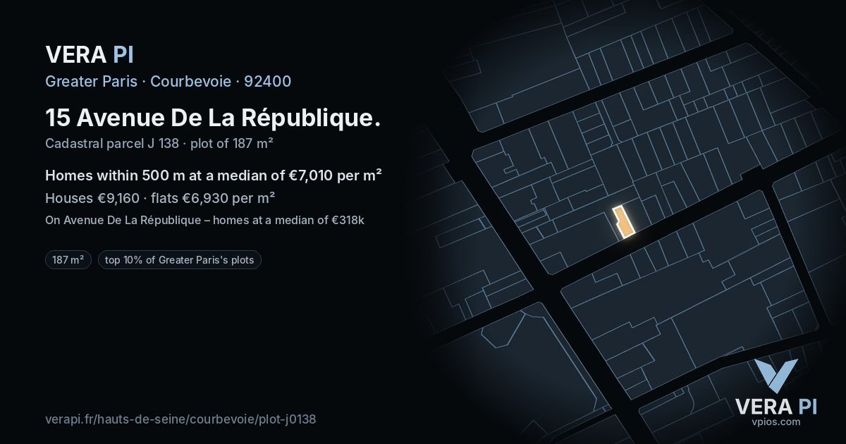 15 Avenue De La République, Courbevoie at night – the plot lit, the parcels around coloured by the prices near them