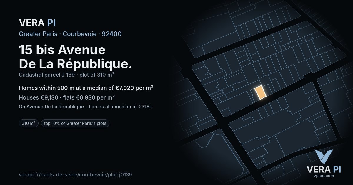 15 bis Avenue De La République, Courbevoie at night – the plot lit, the parcels around coloured by the prices near them