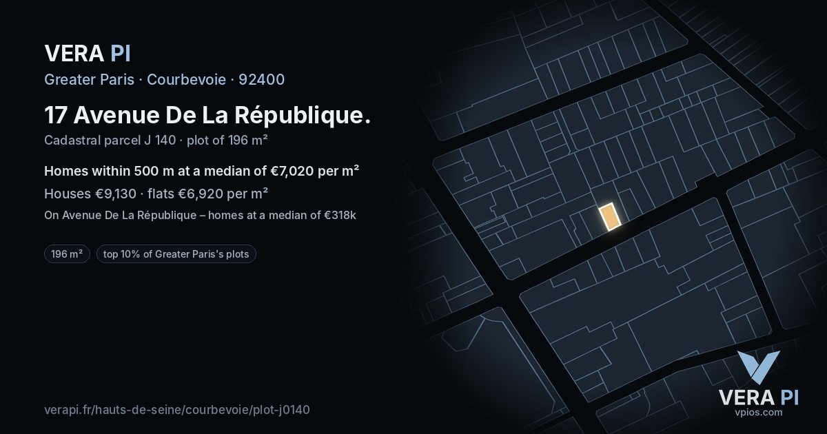 17 Avenue De La République, Courbevoie at night – the plot lit, the parcels around coloured by the prices near them
