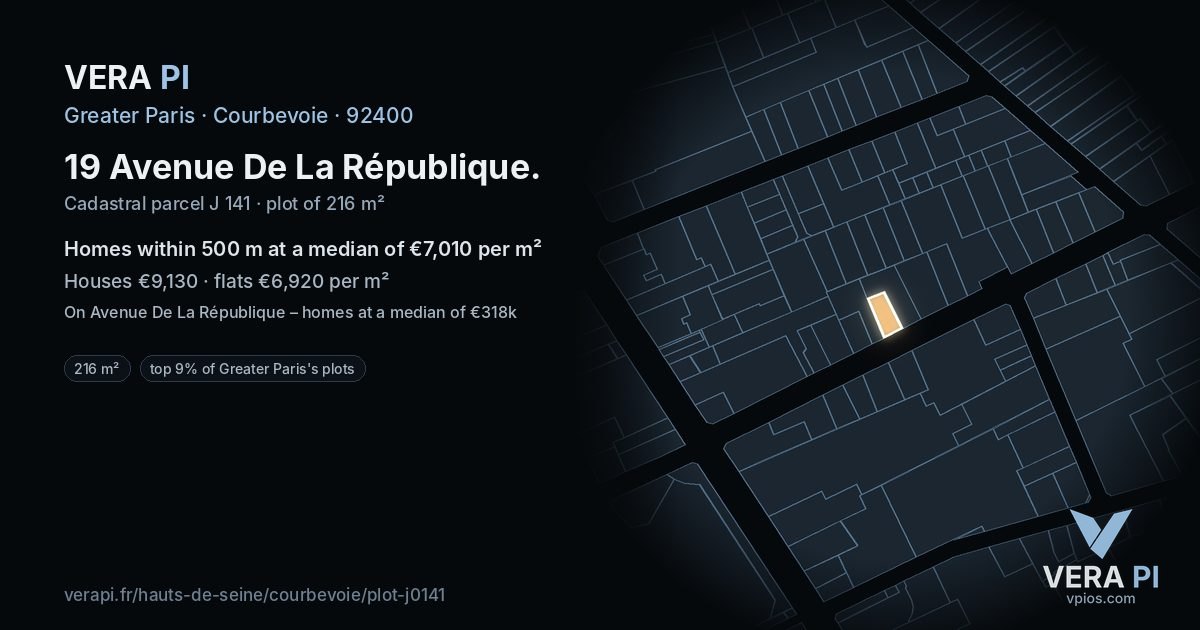 19 Avenue De La République, Courbevoie at night – the plot lit, the parcels around coloured by the prices near them
