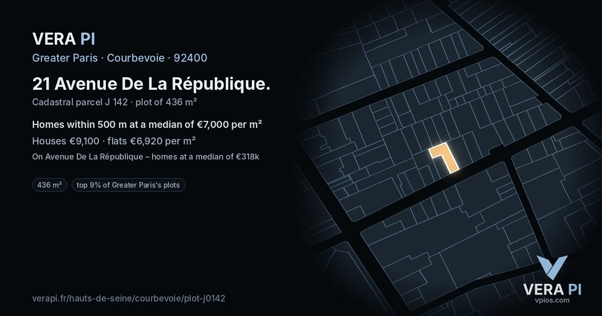 21 Avenue De La République, Courbevoie at night – the plot lit, the parcels around coloured by the prices near them