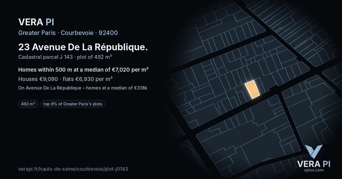 23 Avenue De La République, Courbevoie at night – the plot lit, the parcels around coloured by the prices near them
