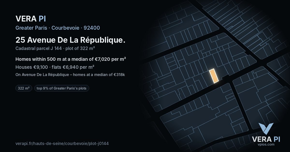 25 Avenue De La République, Courbevoie at night – the plot lit, the parcels around coloured by the prices near them