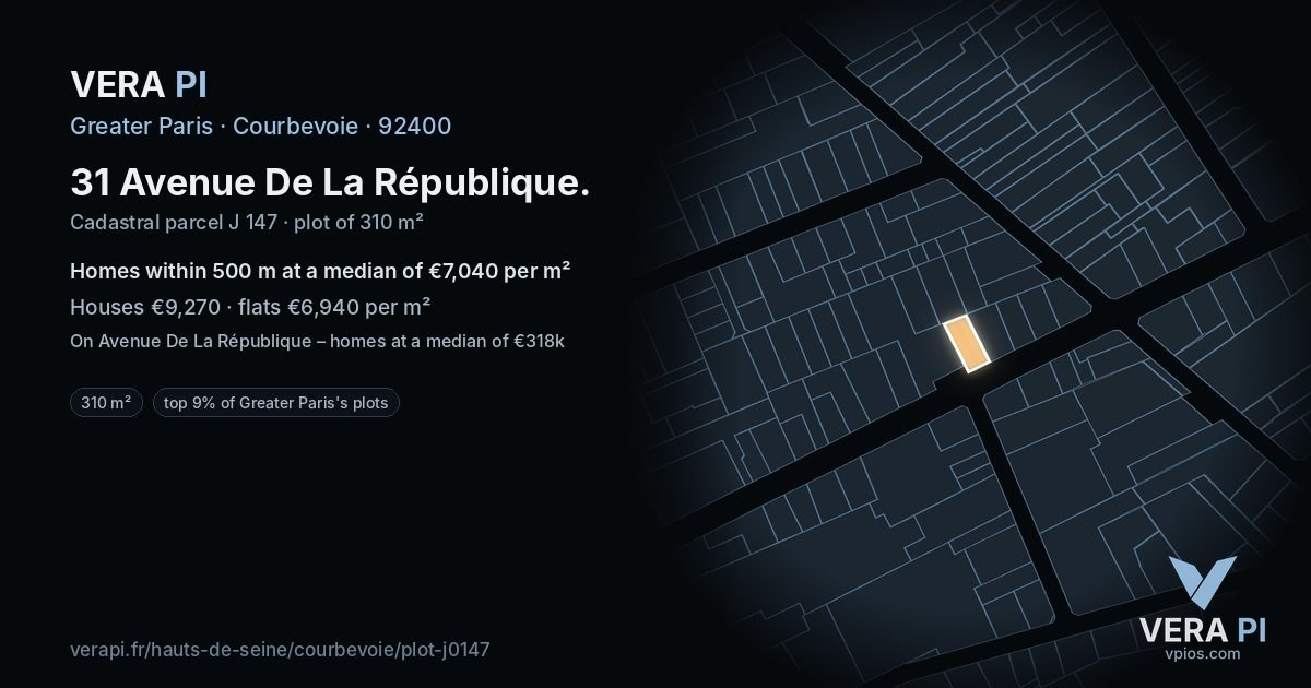 31 Avenue De La République, Courbevoie at night – the plot lit, the parcels around coloured by the prices near them