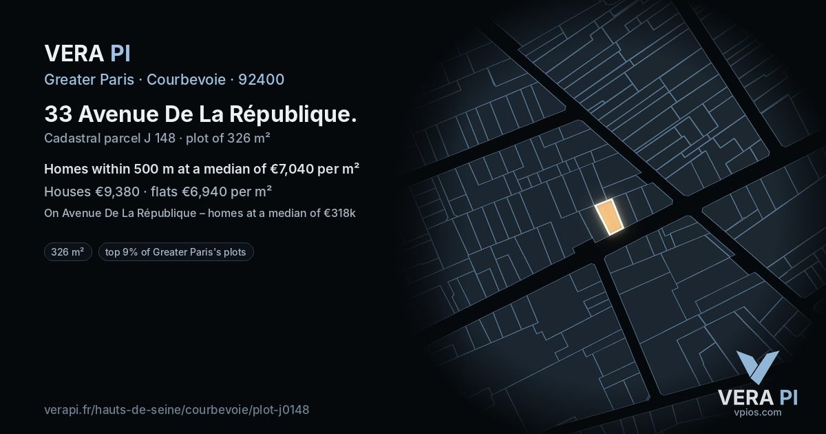 33 Avenue De La République, Courbevoie at night – the plot lit, the parcels around coloured by the prices near them