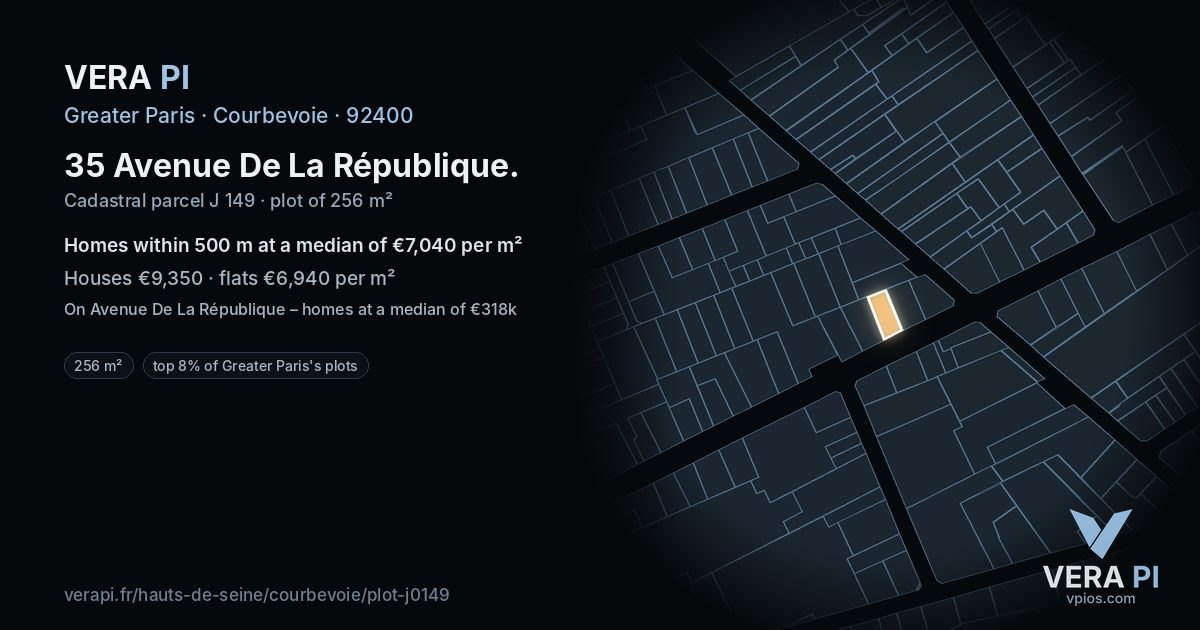 35 Avenue De La République, Courbevoie at night – the plot lit, the parcels around coloured by the prices near them