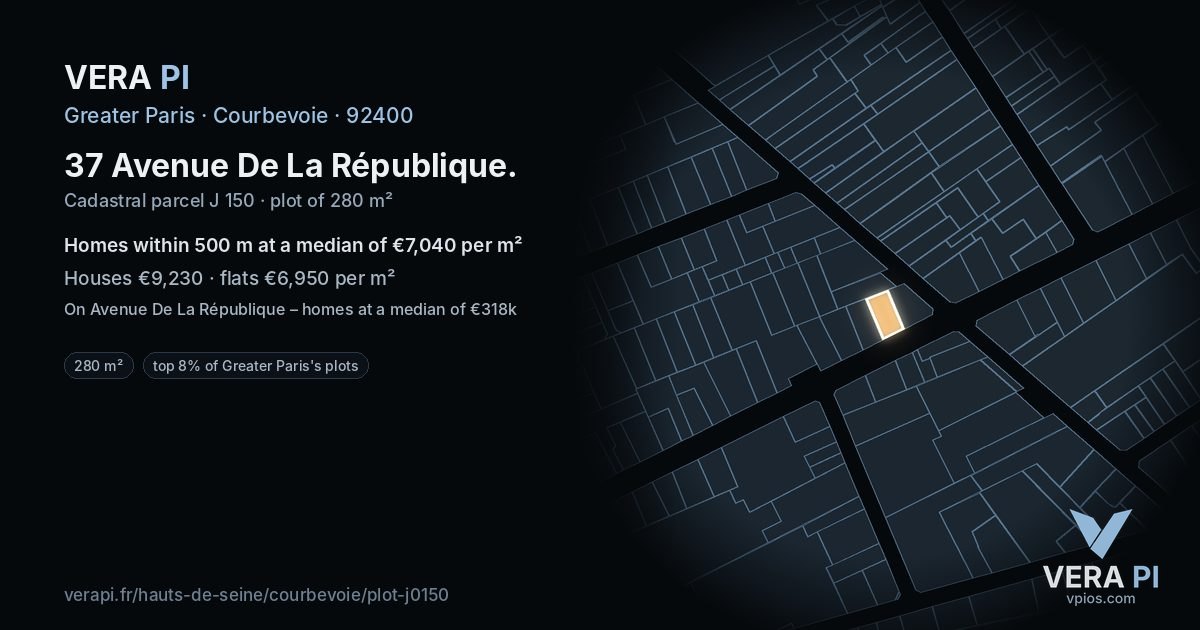 37 Avenue De La République, Courbevoie at night – the plot lit, the parcels around coloured by the prices near them