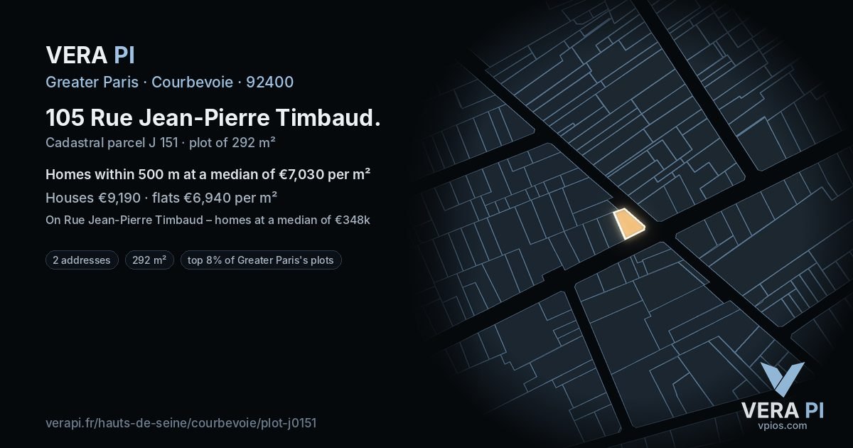 105 Rue Jean-Pierre Timbaud, Courbevoie at night – the plot lit, the parcels around coloured by the prices near them