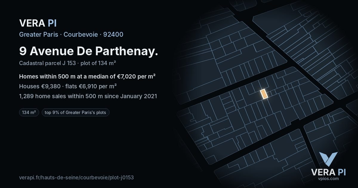 9 Avenue De Parthenay, Courbevoie at night – the plot lit, the parcels around coloured by the prices near them