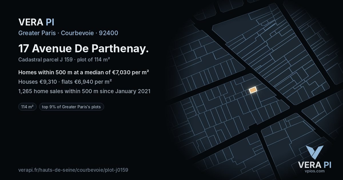 17 Avenue De Parthenay, Courbevoie at night – the plot lit, the parcels around coloured by the prices near them