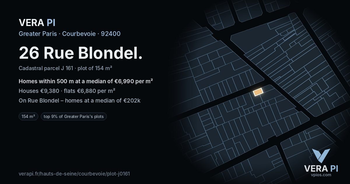 26 Rue Blondel, Courbevoie at night – the plot lit, the parcels around coloured by the prices near them