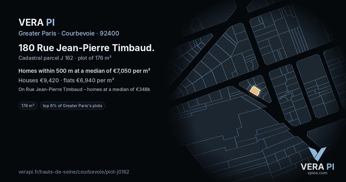180 Rue Jean-Pierre Timbaud, Courbevoie at night – the plot lit, the parcels around coloured by the prices near them
