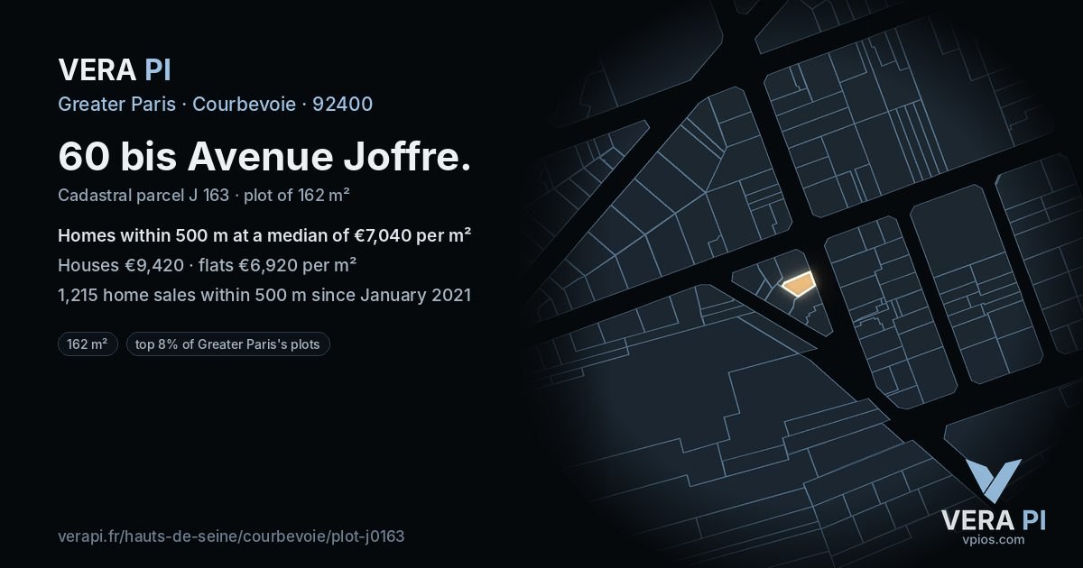 60 bis Avenue Joffre, Courbevoie at night – the plot lit, the parcels around coloured by the prices near them