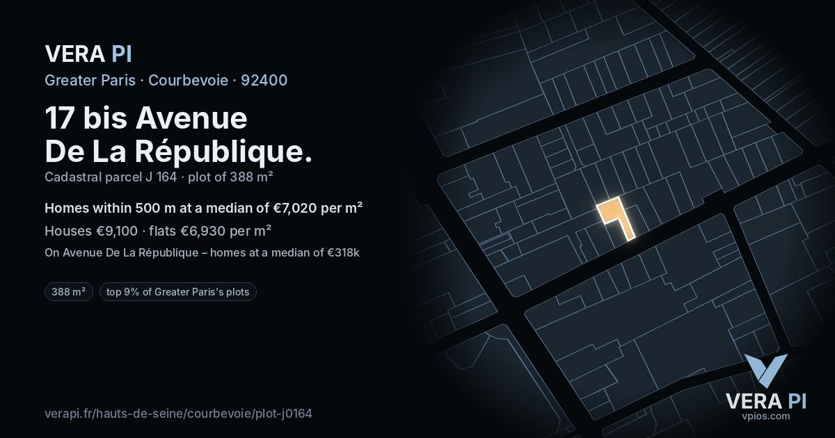 17 bis Avenue De La République, Courbevoie at night – the plot lit, the parcels around coloured by the prices near them