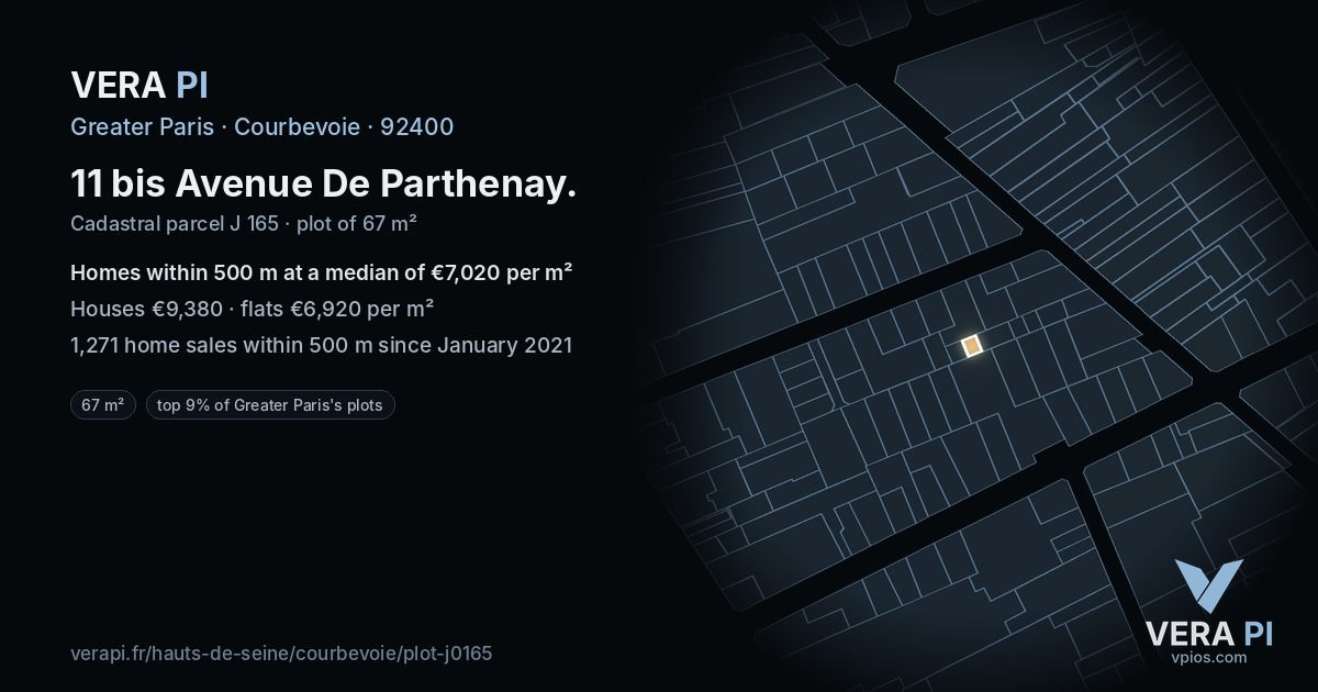 11 bis Avenue De Parthenay, Courbevoie at night – the plot lit, the parcels around coloured by the prices near them
