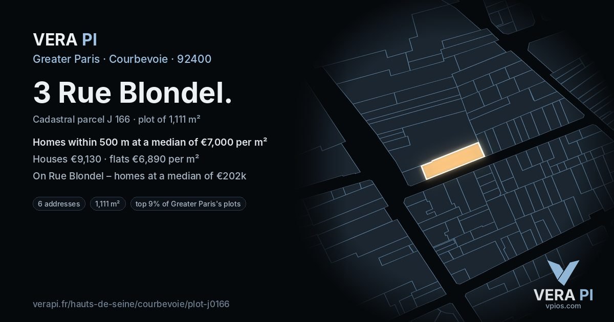 3 Rue Blondel, Courbevoie at night – the plot lit, the parcels around coloured by the prices near them