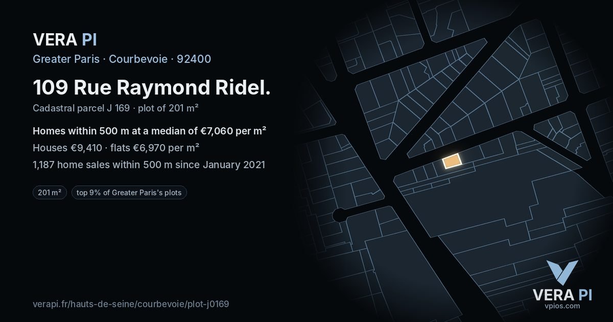 109 Rue Raymond Ridel, Courbevoie at night – the plot lit, the parcels around coloured by the prices near them