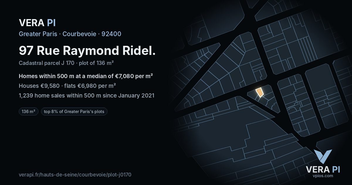 97 Rue Raymond Ridel, Courbevoie at night – the plot lit, the parcels around coloured by the prices near them