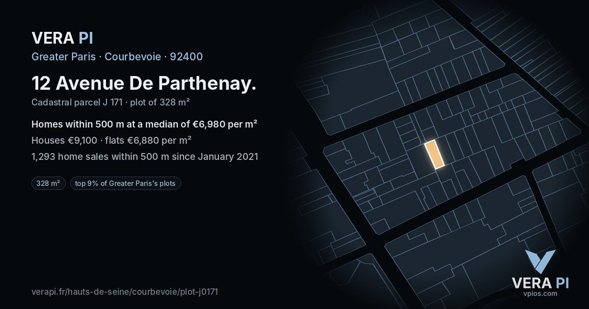 12 Avenue De Parthenay, Courbevoie at night – the plot lit, the parcels around coloured by the prices near them