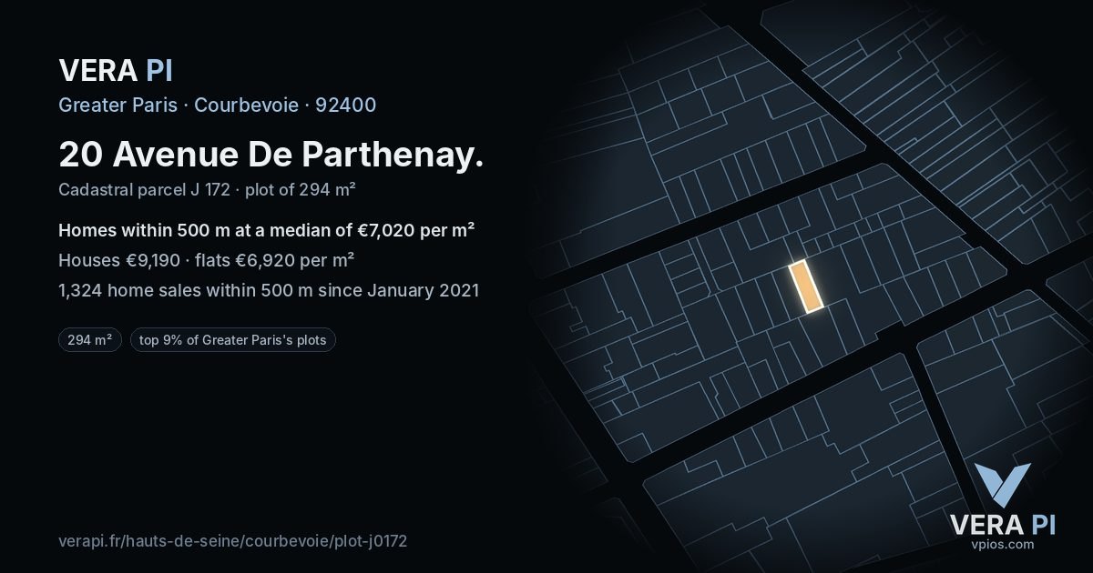 20 Avenue De Parthenay, Courbevoie at night – the plot lit, the parcels around coloured by the prices near them