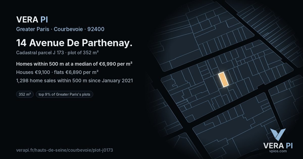 14 Avenue De Parthenay, Courbevoie at night – the plot lit, the parcels around coloured by the prices near them