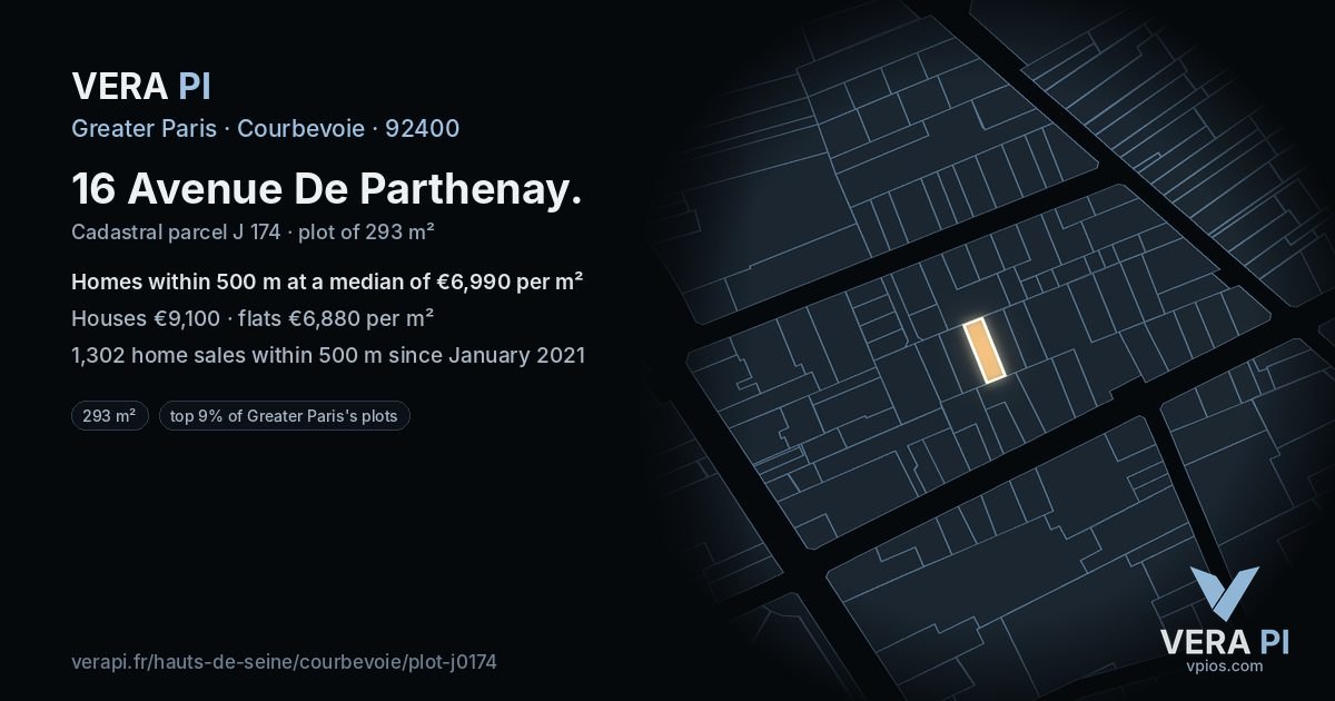 16 Avenue De Parthenay, Courbevoie at night – the plot lit, the parcels around coloured by the prices near them