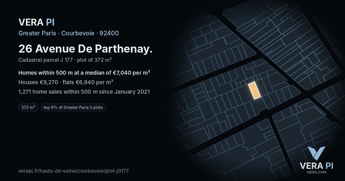 26 Avenue De Parthenay, Courbevoie at night – the plot lit, the parcels around coloured by the prices near them
