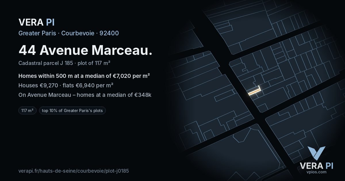 44 Avenue Marceau, Courbevoie at night – the plot lit, the parcels around coloured by the prices near them