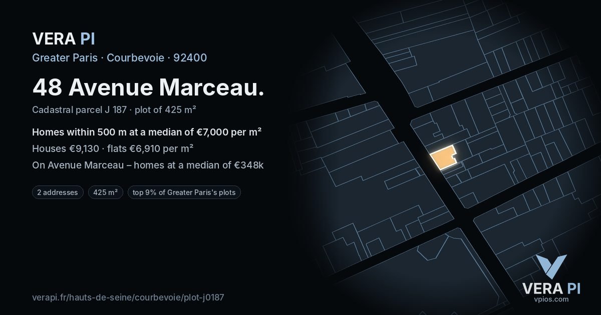 48 Avenue Marceau, Courbevoie at night – the plot lit, the parcels around coloured by the prices near them