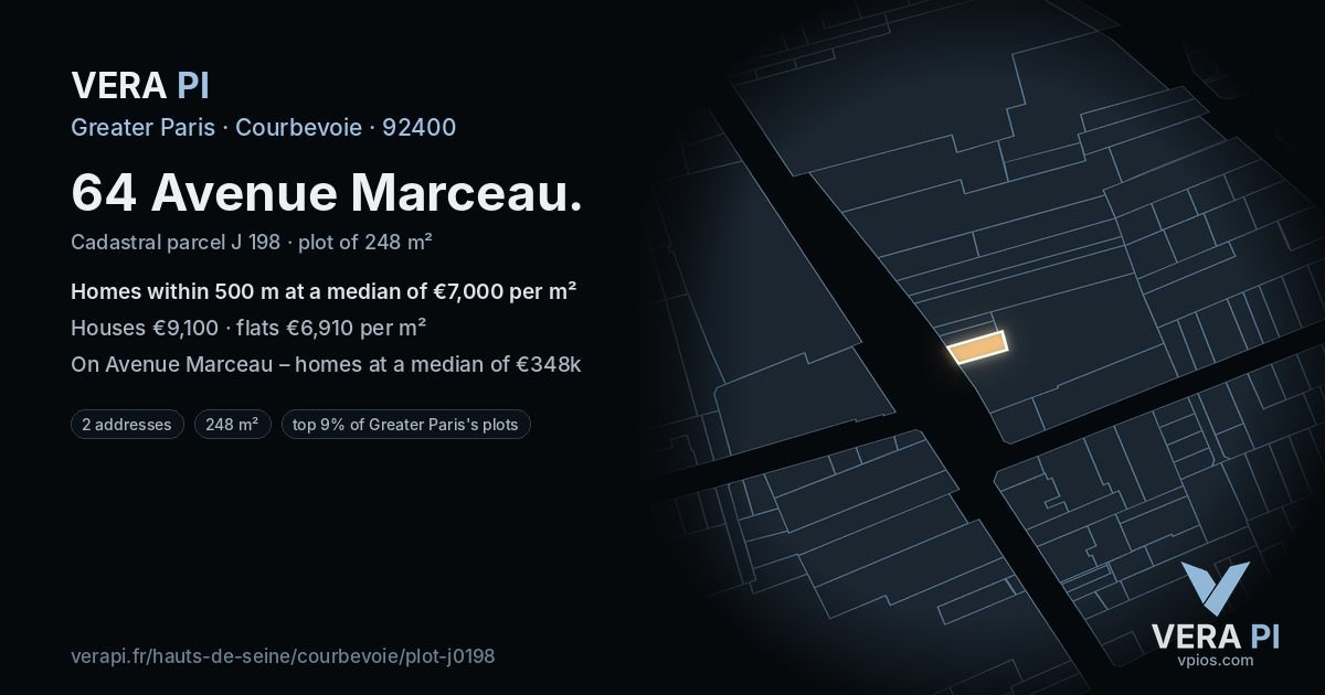 64 Avenue Marceau, Courbevoie at night – the plot lit, the parcels around coloured by the prices near them