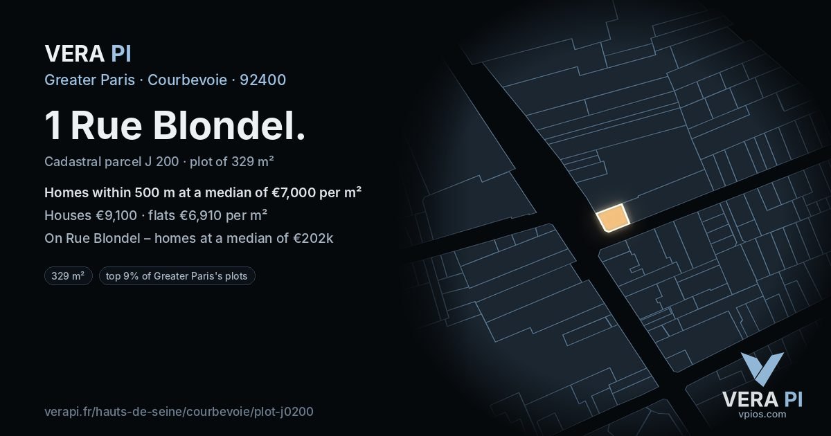 1 Rue Blondel, Courbevoie at night – the plot lit, the parcels around coloured by the prices near them