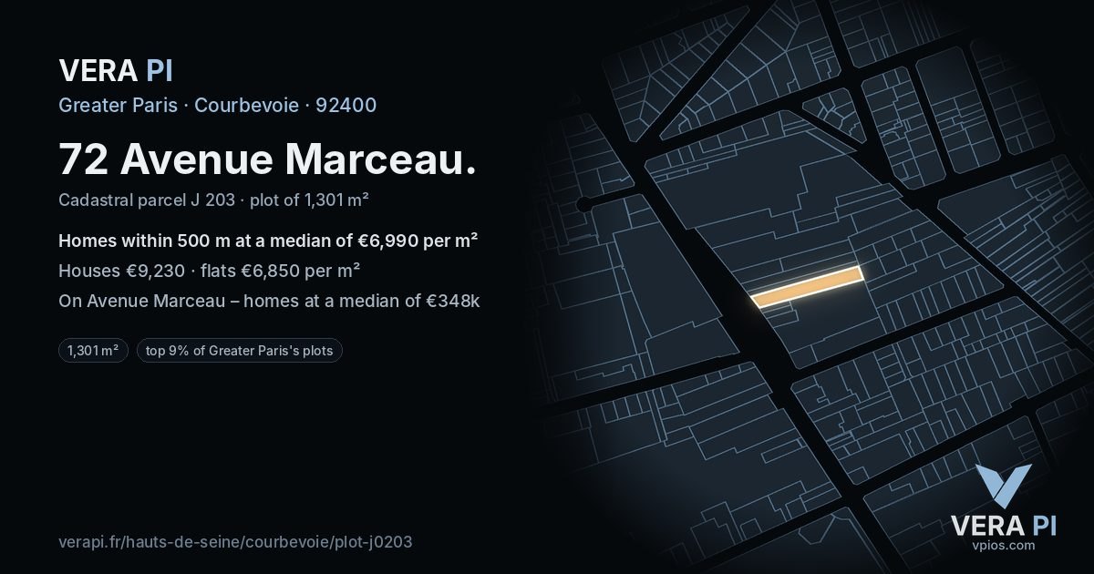 72 Avenue Marceau, Courbevoie at night – the plot lit, the parcels around coloured by the prices near them