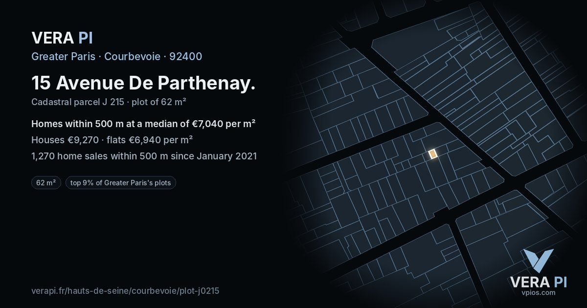 15 Avenue De Parthenay, Courbevoie at night – the plot lit, the parcels around coloured by the prices near them