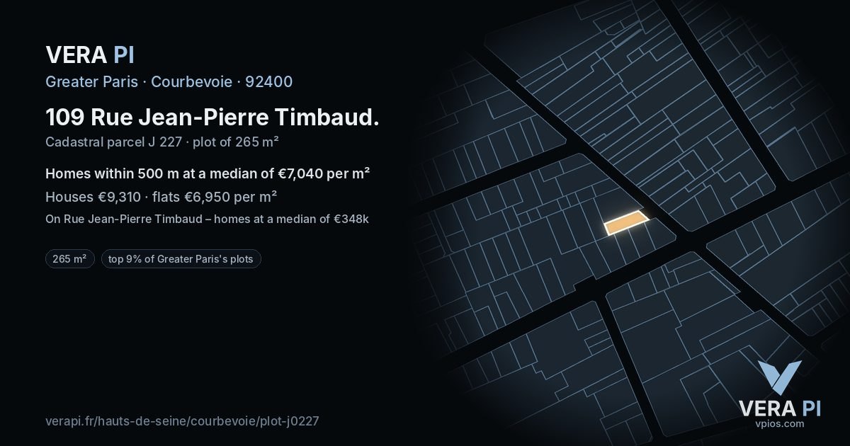 109 Rue Jean-Pierre Timbaud, Courbevoie at night – the plot lit, the parcels around coloured by the prices near them