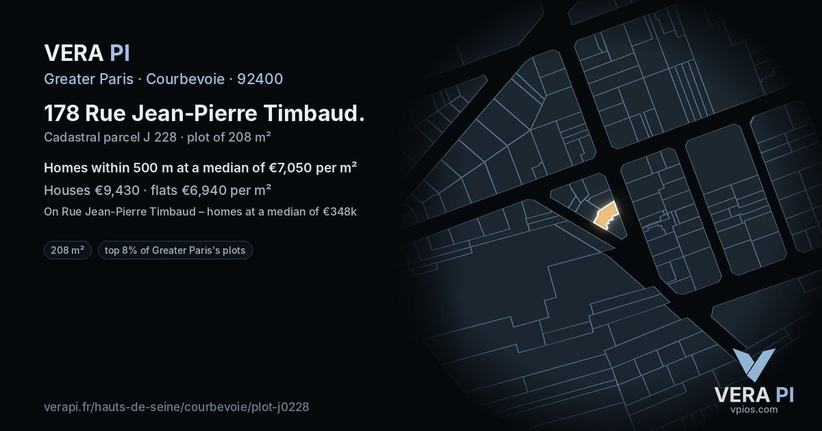 178 Rue Jean-Pierre Timbaud, Courbevoie at night – the plot lit, the parcels around coloured by the prices near them