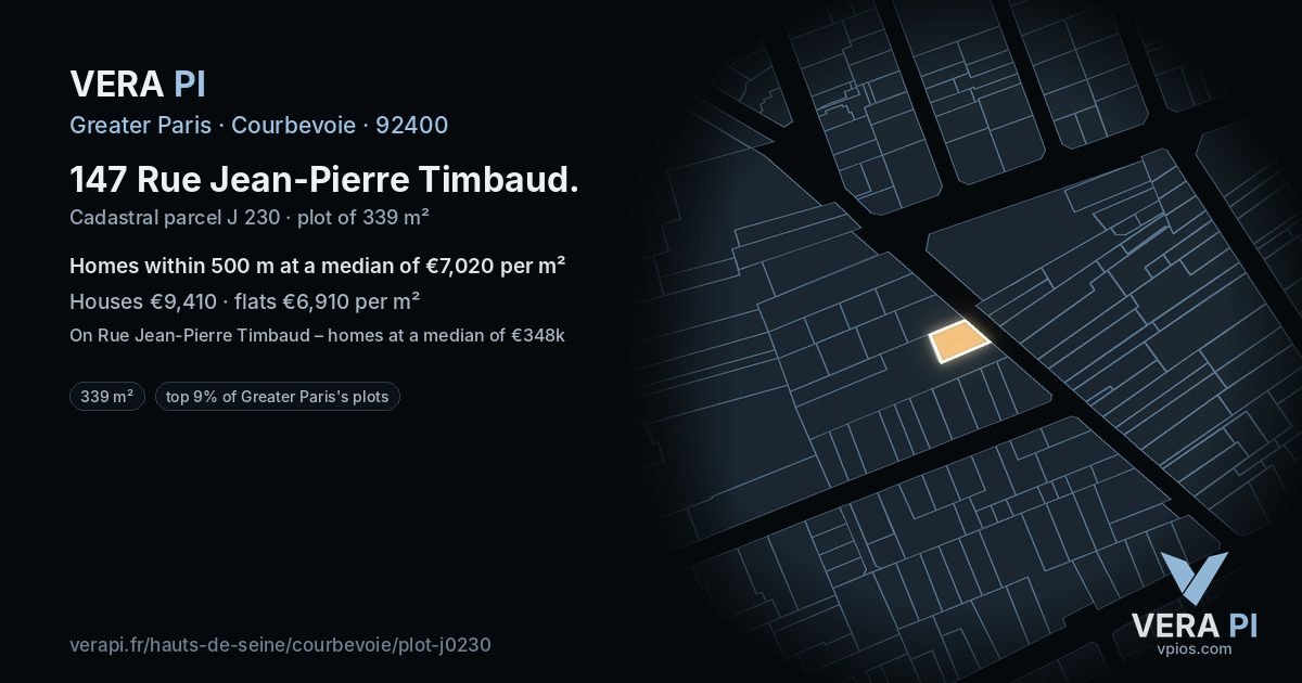147 Rue Jean-Pierre Timbaud, Courbevoie at night – the plot lit, the parcels around coloured by the prices near them