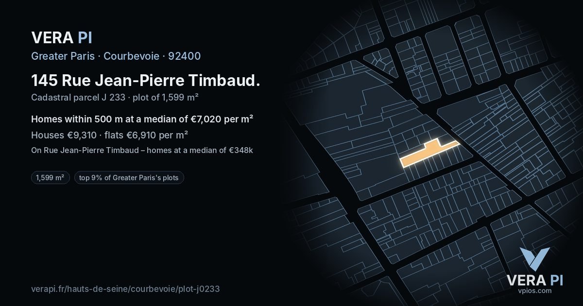 145 Rue Jean-Pierre Timbaud, Courbevoie at night – the plot lit, the parcels around coloured by the prices near them