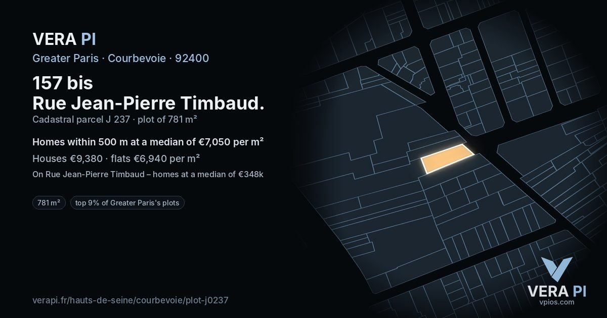 157 bis Rue Jean-Pierre Timbaud, Courbevoie at night – the plot lit, the parcels around coloured by the prices near them