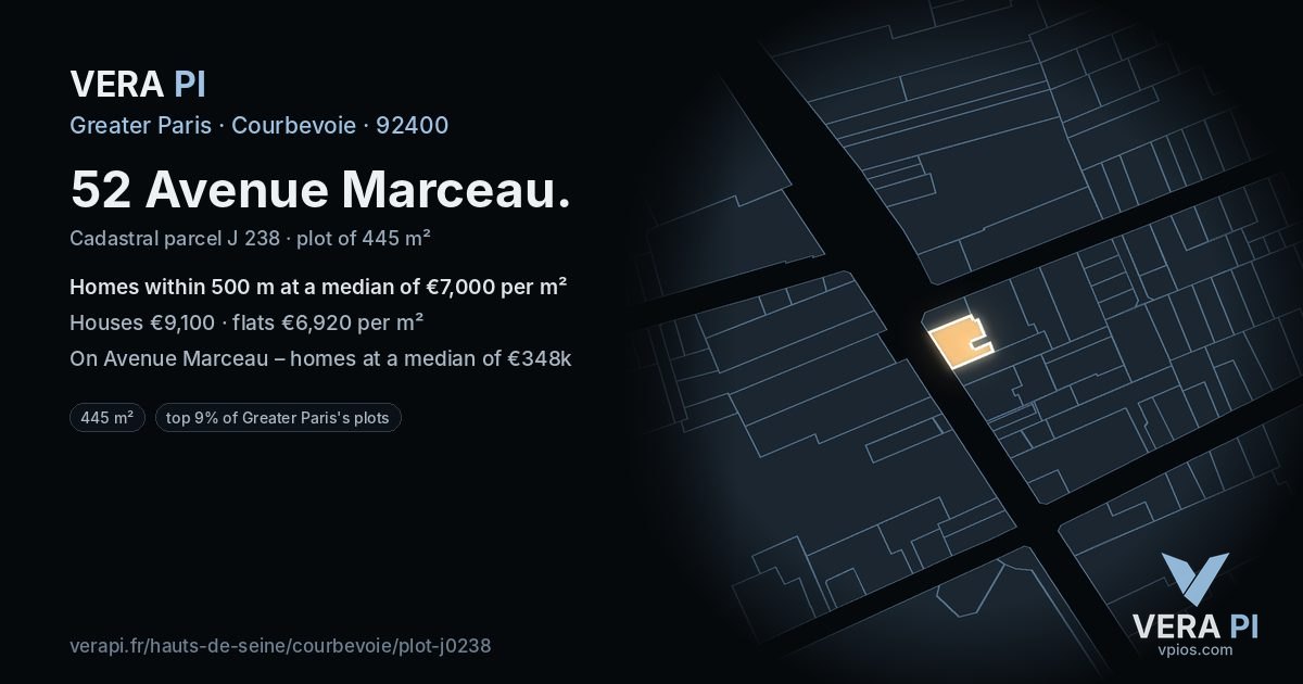 52 Avenue Marceau, Courbevoie at night – the plot lit, the parcels around coloured by the prices near them
