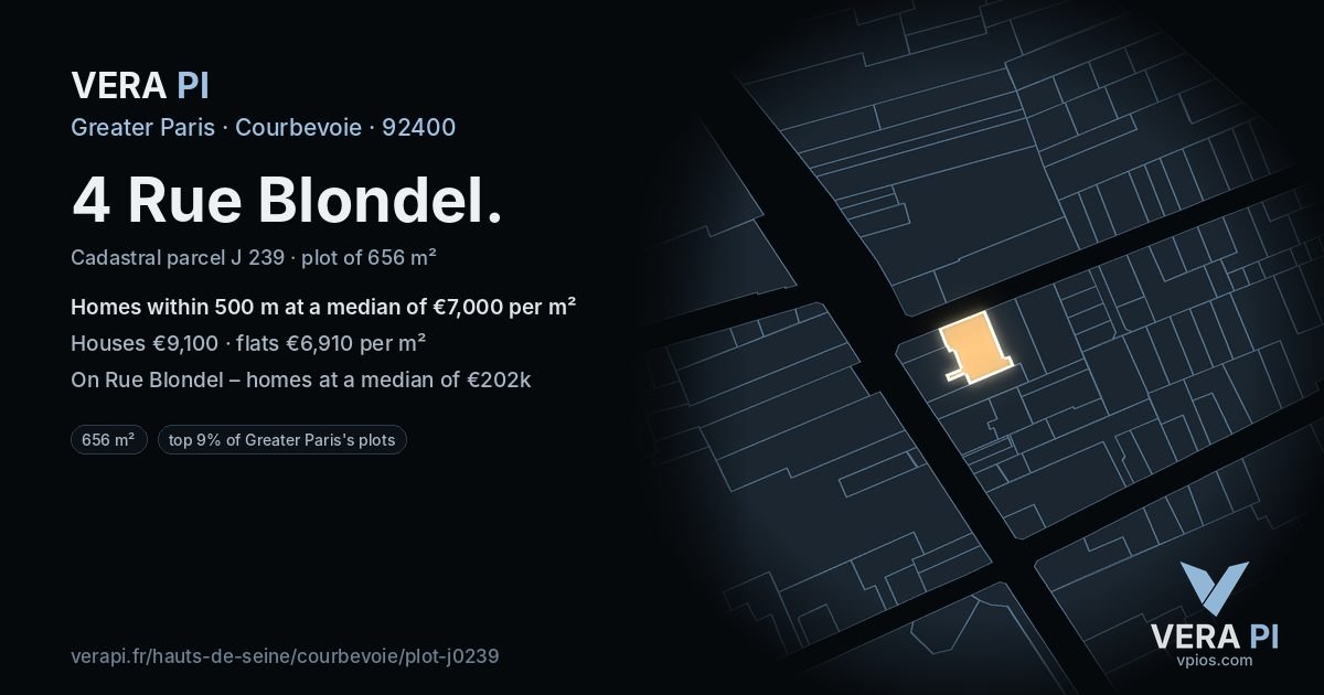 4 Rue Blondel, Courbevoie at night – the plot lit, the parcels around coloured by the prices near them