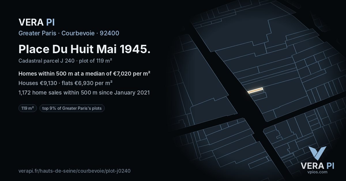 Place Du Huit Mai 1945, Courbevoie at night – the plot lit, the parcels around coloured by the prices near them