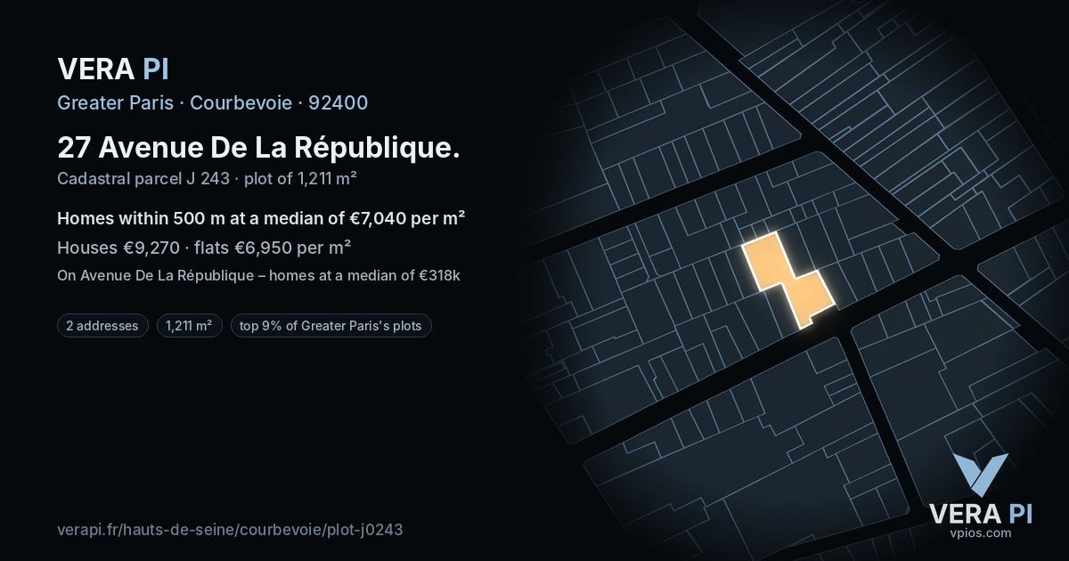 27 Avenue De La République, Courbevoie at night – the plot lit, the parcels around coloured by the prices near them