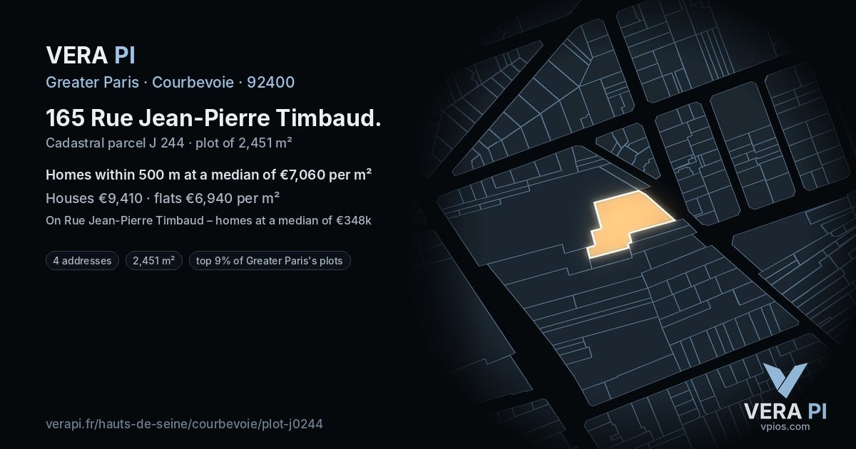 165 Rue Jean-Pierre Timbaud, Courbevoie at night – the plot lit, the parcels around coloured by the prices near them