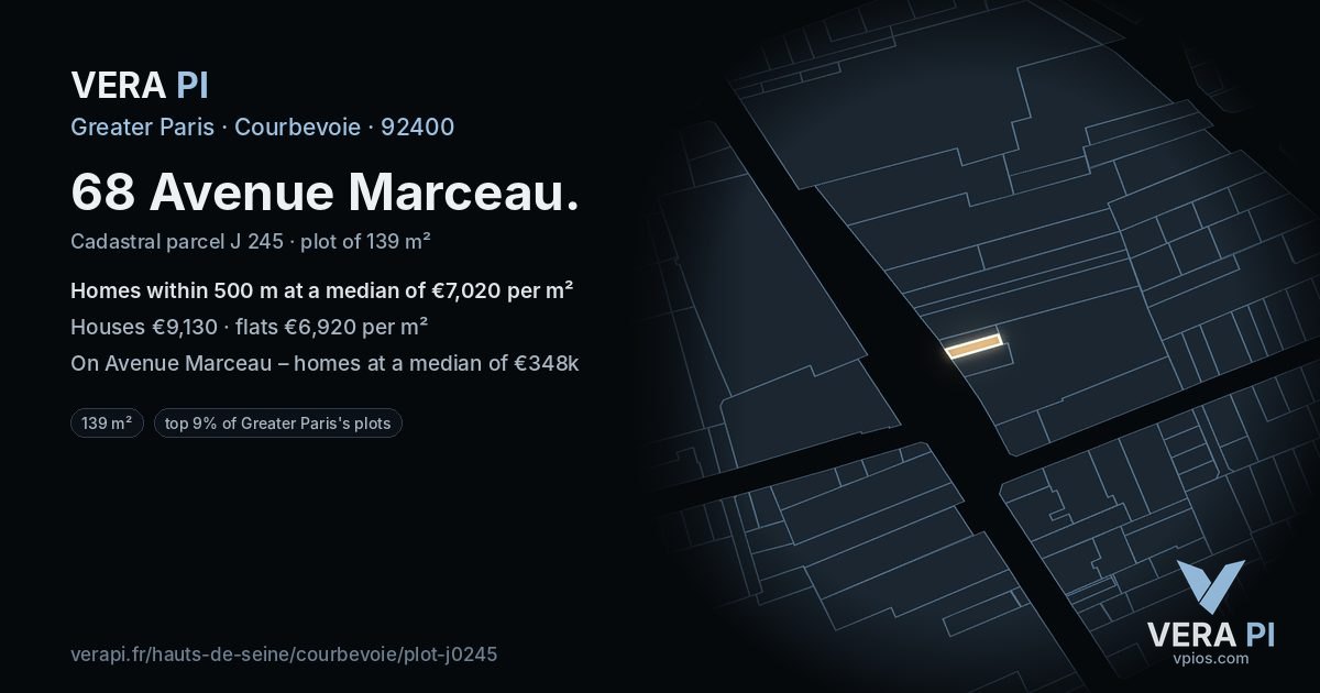 68 Avenue Marceau, Courbevoie at night – the plot lit, the parcels around coloured by the prices near them