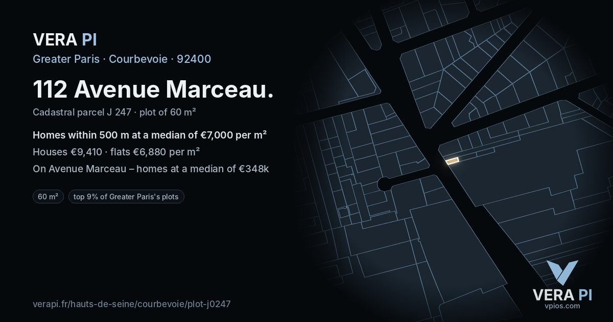 112 Avenue Marceau, Courbevoie at night – the plot lit, the parcels around coloured by the prices near them