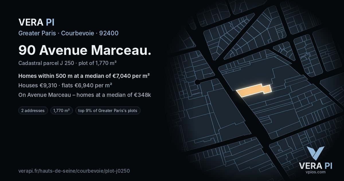 90 Avenue Marceau, Courbevoie at night – the plot lit, the parcels around coloured by the prices near them