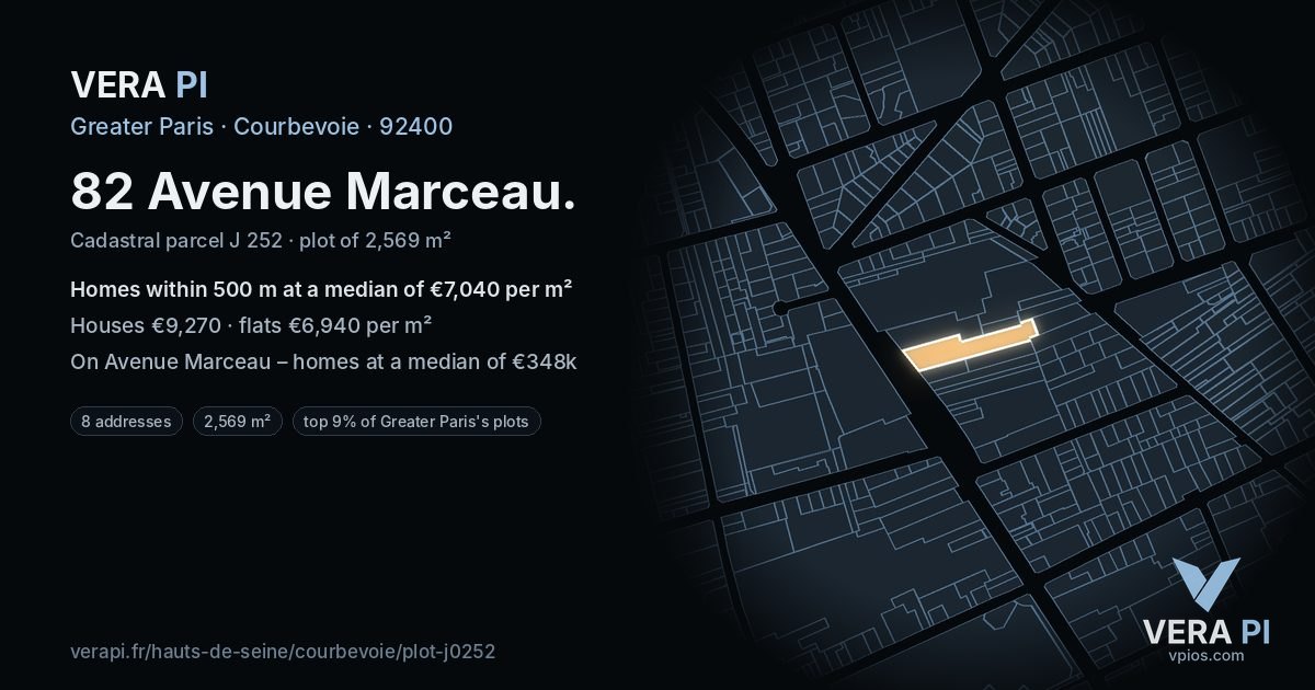 82 Avenue Marceau, Courbevoie at night – the plot lit, the parcels around coloured by the prices near them