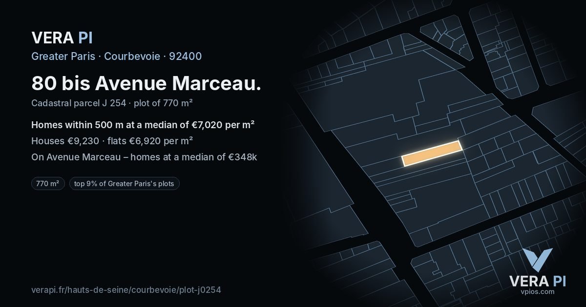 80 bis Avenue Marceau, Courbevoie at night – the plot lit, the parcels around coloured by the prices near them