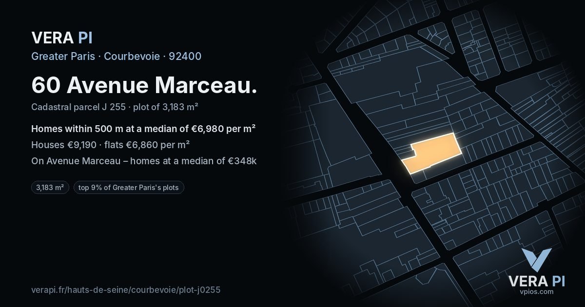 60 Avenue Marceau, Courbevoie at night – the plot lit, the parcels around coloured by the prices near them