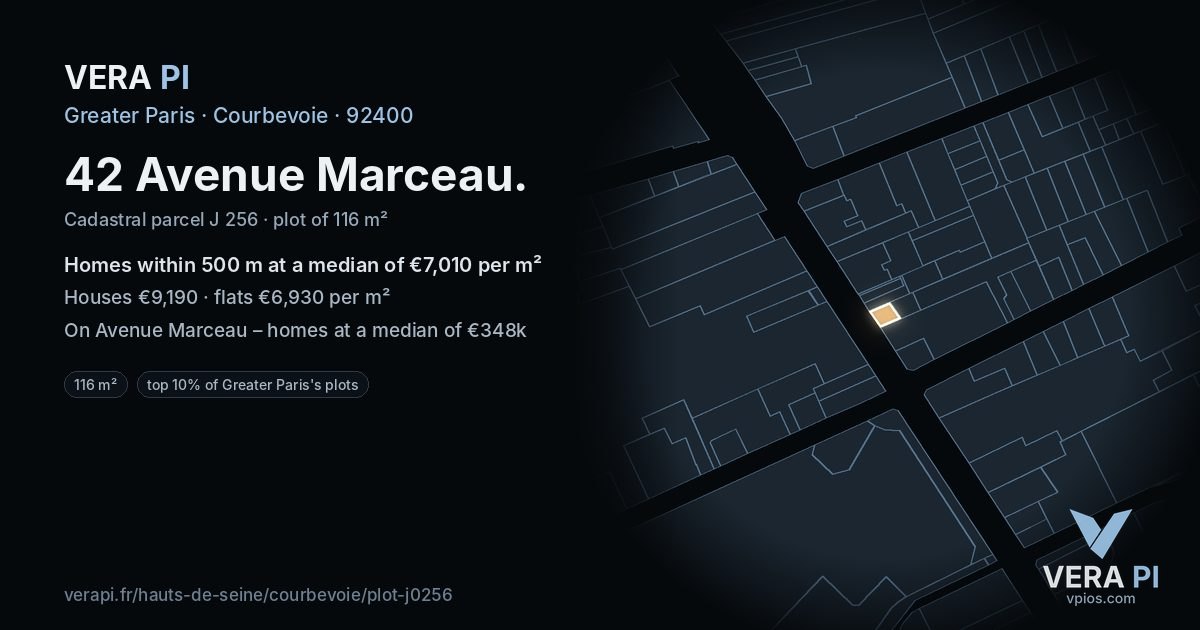42 Avenue Marceau, Courbevoie at night – the plot lit, the parcels around coloured by the prices near them
